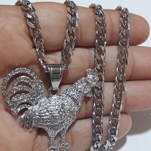 Silver Stainless Steel  Rooster Pendant Necklace + Bracelet 8"